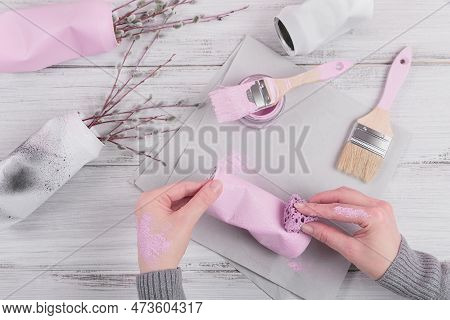 Sustainable Hobby Background With Handmade Vase Or Houseplant Pots. Creative Upcycling Diy Idea, Cra