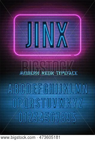 Jinx Sign With Blue Pink Neon Alphabet On Dark Brick Wall Background. Night Light Extra Glowing Effe
