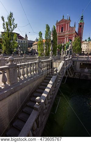 View Of Preseren Square And The River In Ljiubljana (slovenia)