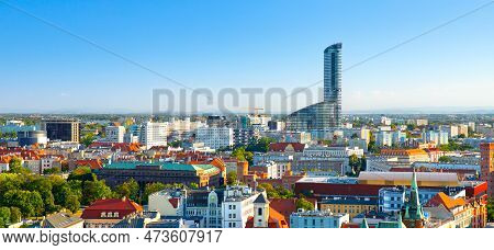 Panoramic View Of Wroclaw With The Skyscraper Sky Tower In The Background. Wroclaw, Poland