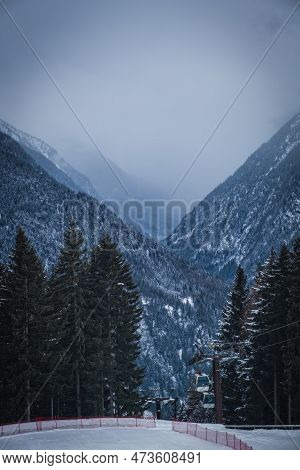 Cloudy Day On Famous Italian Alps Brenta Dolomites, Snow On The Slopes Of The Alps Madonna Di Campig