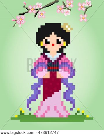 8 Bit Pixels Women Wear Hanfu Dresses. Chinese Girls In Vector Illustrations For Game Assets Or Cros