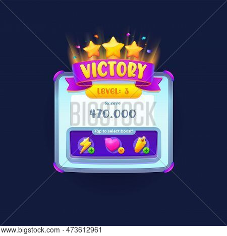 Game Victory Sign, Banner Or Popup Window. Vector Award Badge With Golden Stars, Assets And Purple R