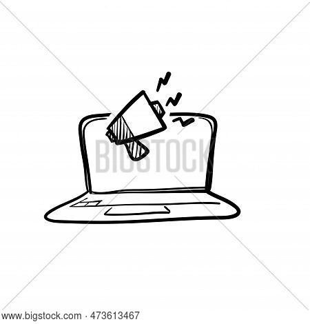 Hand Drawn Doodle Laptop And Megaphone Symbol For Digital Marketing Icon Vector. Isolated Bavkground