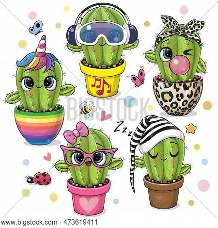 Set Of Cute Cartoon Cactus With Eyes On The White Background