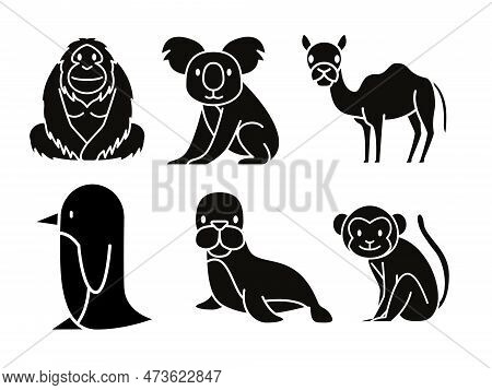 Set Of Cute Wild Animals Icons Over White Background, Silhouette Style, Vector Illustration