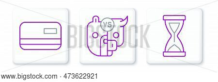 Set Line Old Hourglass, Credit Card And Bull And Bear Of Stock Market Icon. Vector
