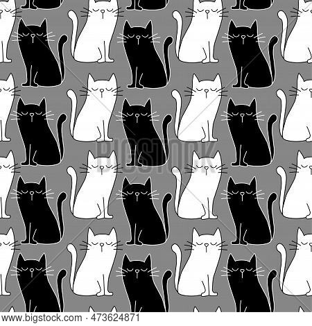 Blck And White Line Cats Seamless Pattern Isolated On Grey Background. Good For Textile Print,  Wrap