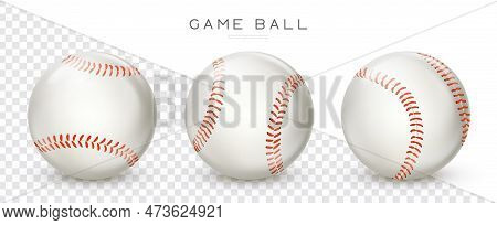 Baseball Leather Balls Set. Vector Realistic Softball Icons. Sport Game Equipment Isolated On Transp