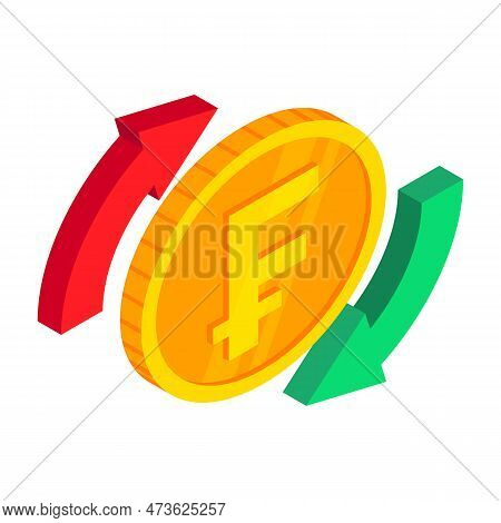 Isometric Swiss Frank Exchange Icon. Gold Frank Coin With Circle Arrows. 3d Cash, Switzerland Curren