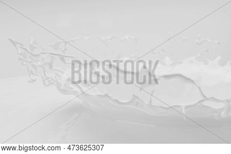 Milk Splash And Pouring. White Liquid Background Texture With Milky Crown Or Round Swirl. Realistic 