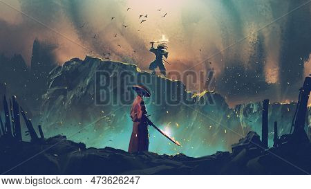 Scene Of Two Samurais In Duel On The Cliff, Digital Art Style, Illustration Painting