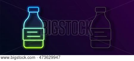Glowing Neon Line Bottle Of Water Icon Isolated On Black Background. Soda Aqua Drink Sign. Vector