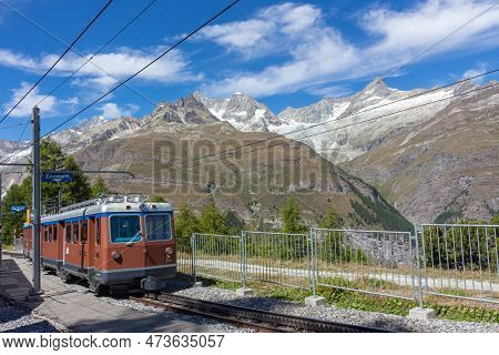 The Mountain Train From Zermatt Up To Gornergrat. The Gornergrat Bahn. Summer In The Swiss Alps. Swi