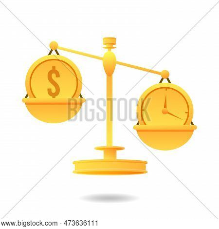 Weigher Gold Business Clock And Dollar On Scale. Time Is Money Concept. Balance Watch And Money Vect