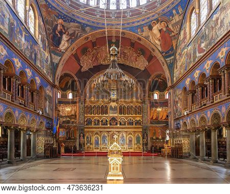 Sibiu - Romania. July 17, 2022: Largest And Oldest Romanian Orthodox Holy Trinity Cathedral (catedra