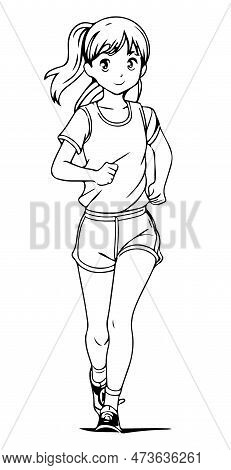 The Girl Is Running. Coloring Cartoon Kawaii Illustration, Drawing Chibi Manga Anime