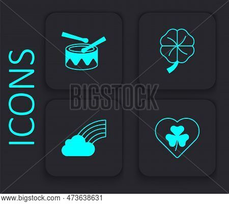 Set Heart With Clover Trefoil Leaf, Drum Drum Sticks, Four And Rainbow Cloud Icon. Black Square Butt