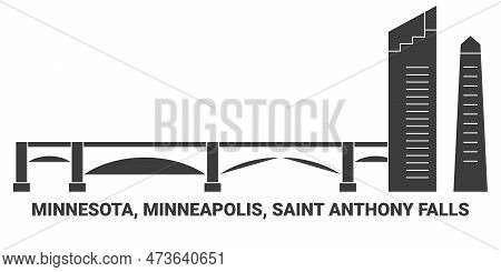 United States, Minnesota, Minneapolis, Saint Anthony Falls, Travel Landmark Vector Illustration