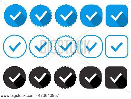 Check Marks On Blue And Black Figures. Vector Isolated Elements. Tick Circle Black, Blue Icons Vecto