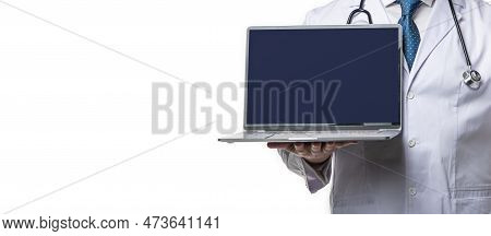 Cropped View Of Doctor Presenting Emedicine On Background, Banner.