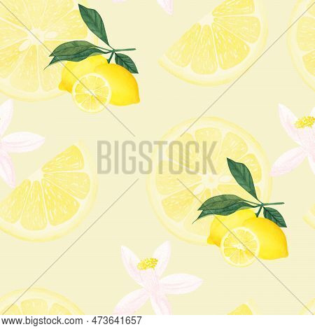 Yellow Lemons Watercolor Seamless Pattern. Beautiful Hand Drawn Texture. Romantic Background For Web