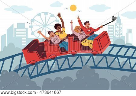 Roller Coaster Flat Set With Cityscape Scenery Silhouettes Of Amusement Park Buildings And People Ta