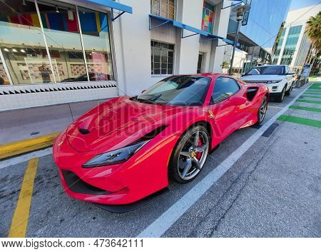 Los Angeles, California Usa - March 24, 2021: Red Ferrari F8 Tributo Luxury Front Corner View.