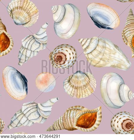 Seashells Watercolor Seamless Pattern On Dusty Pink Basckground With Shells And Pearls Nautical Illu
