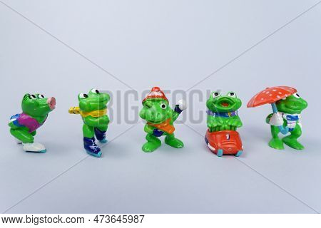 Tyumen, Russia-february 15, 2023: Kinder Surprise Frogs. Kinder Surprise Toy. Sweet Gift. Hobby. Kin