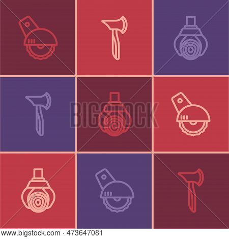 Set Line Electric Circular Saw, Grapple Crane Grabbed Log And Wooden Axe Icon. Vector
