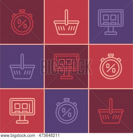 Set Line Stopwatch Percent Discount, Online Shopping On Screen And Shopping Basket Icon. Vector
