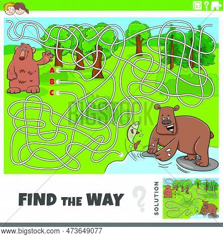 Cartoon Illustration Of Find The Way Maze Puzzle Game With Funny Bears Animal Characters