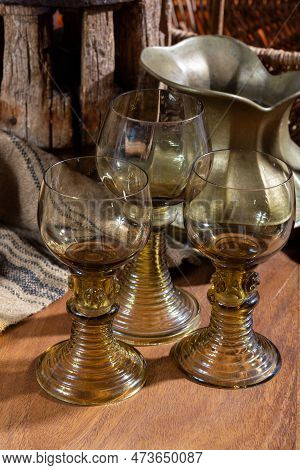 Empty Antique German Glassware, Old Dutch Style Rummer Or Roemer Glasses