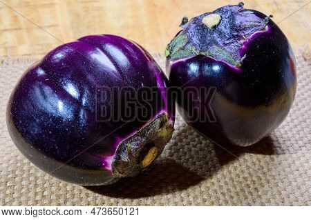 Fresh Ripe Sicilian Purple Globe Violetta Eggplants Vegetables Ready To Cook, Healthy Italian Food