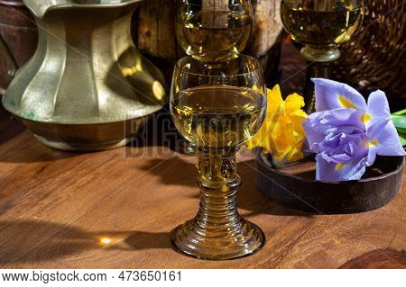 Antique German Glassware, Old Dutch Style Rummer Or Roemer Glasses With White Wine And Flowers