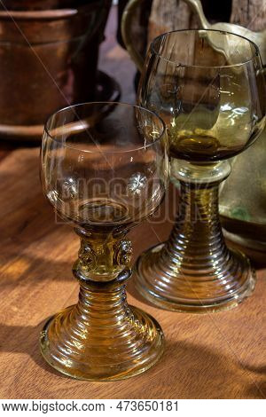 Empty Antique German Glassware, Old Dutch Style Rummer Or Roemer Glasses