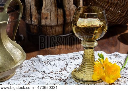 Antique German Glassware, Old Dutch Style Rummer Or Roemer Glasses With White Wine On White Lace Tab