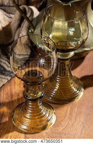 Empty Antique German Glassware, Old Dutch Style Rummer Or Roemer Glasses