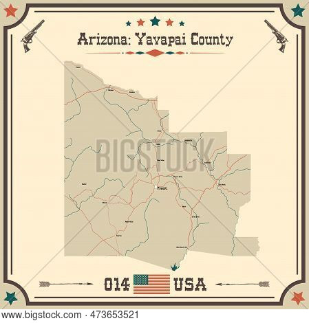 Large And Accurate Map Of Yavapai County, Arizona, Usa With Vintage Colors.