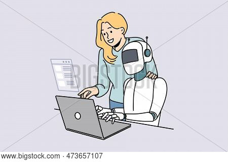 Female Employee And Robotic Assistant Work Together On Computer. Robot Tester Search Program Bugs An