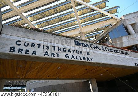 Brea, California - 28 Mar 2023: Curtis Theatre And Brea Art Gallery Sign At The The Brea Civic And C