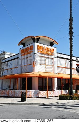 Brea, California - 28 Mar 2023: Closeup Of The Sign At Roll-em-up Taquitos Restaurant In Downton Bre