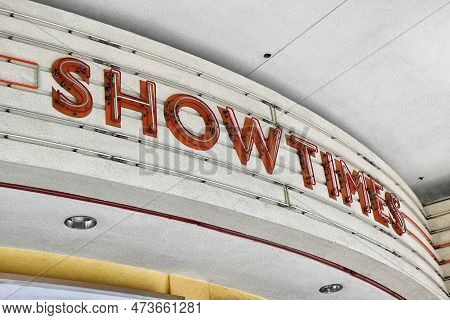 Brea, California - 28 Mar 2023: Closeup Of The Show Time Neon Sign On The Former Edwards Cinemas Wes