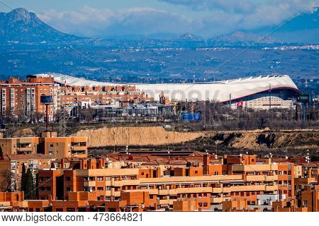 Madrid, Spain - January 12, 2022: Breathtaking Telephoto Lens View Of Atletico De Madrid Metropolita