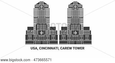 Usa, Cincinnati, Carew Tower, Travel Landmark Vector Illustration
