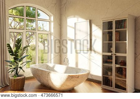 Freestanding Bath In Lightflooded Cozy Country House Bathroom; Minimalistic Interior Design With She