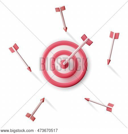 3d Target With Arrow In Center Icon Isolated On White. Render Dartboard With Arrow. Goal Setting. Sm