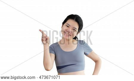 Asian Woman Pointing Finger Inviting Click Here, It Is Recommended To Follow This Direction Or Click