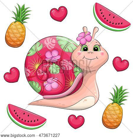 A Cute Cartoon Hawaiian Snail With A Colorful Shell Surrounded By Fruits And Hearts. Summer Animal V